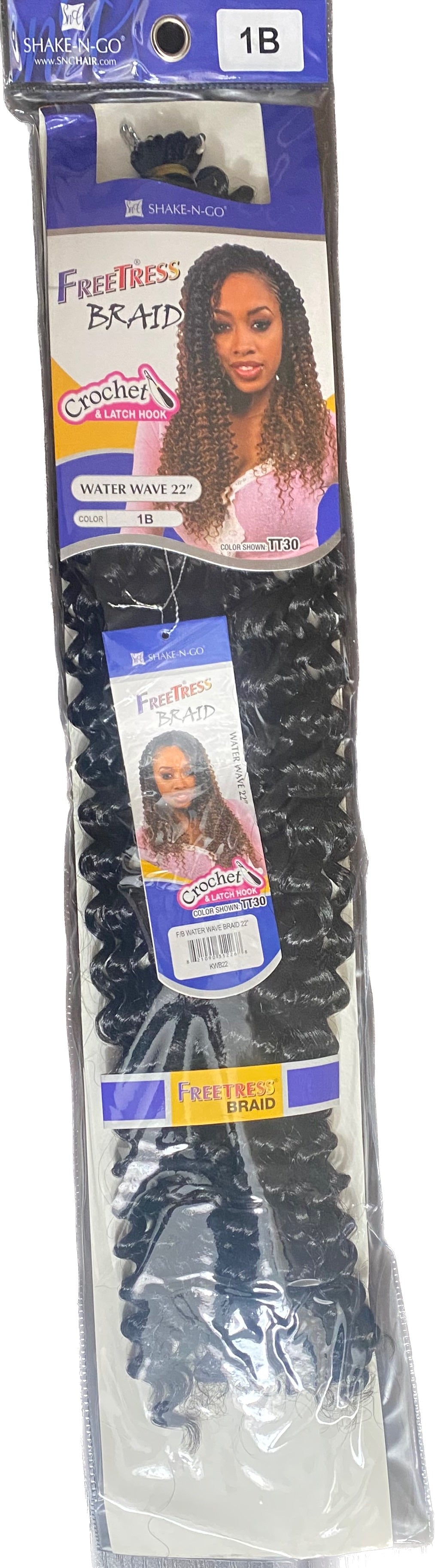 Freetress Synthetic Braiding Hair WATER WAVE BRAID 22"   Weight: 100g Style: Crochet Braiding hair Length: 22inch FREETRESS crochet hair Suitable Dying Colors: None Hair Weft: Machine Double Weft Chemical Processing: Dyed Hair Length: 22inch Hairstyle advantage: Hot style color 1B