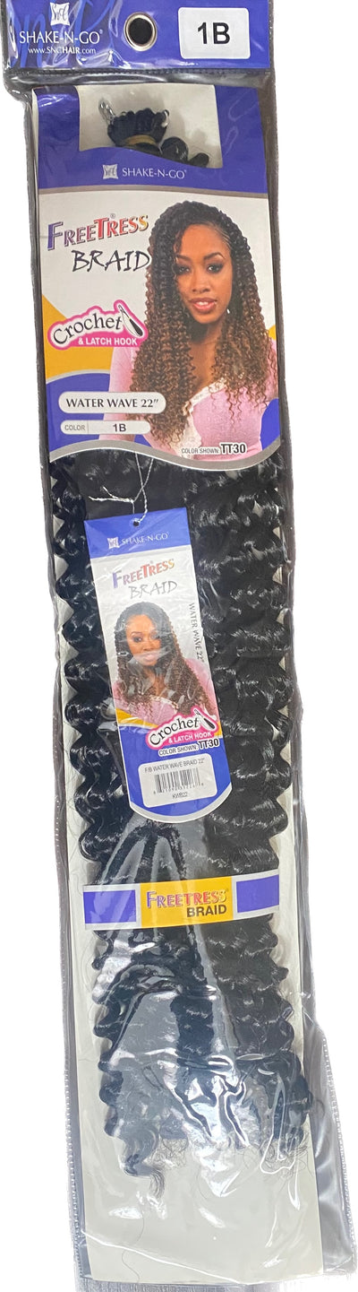 Freetress Synthetic Braiding Hair WATER WAVE BRAID 22"   Weight: 100g Style: Crochet Braiding hair Length: 22inch FREETRESS crochet hair Suitable Dying Colors: None Hair Weft: Machine Double Weft Chemical Processing: Dyed Hair Length: 22inch Hairstyle advantage: Hot style color 1B