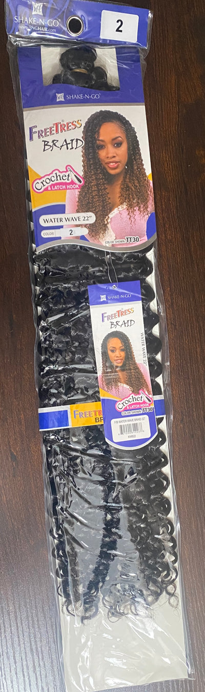 Freetress Synthetic Braiding Hair WATER WAVE BRAID 22"   Weight: 100g Style: Crochet Braiding hair Length: 22inch FREETRESS crochet hair Suitable Dying Colors: None Hair Weft: Machine Double Weft Chemical Processing: Dyed Hair Length: 22inch Hairstyle advantage: Hot style color 2