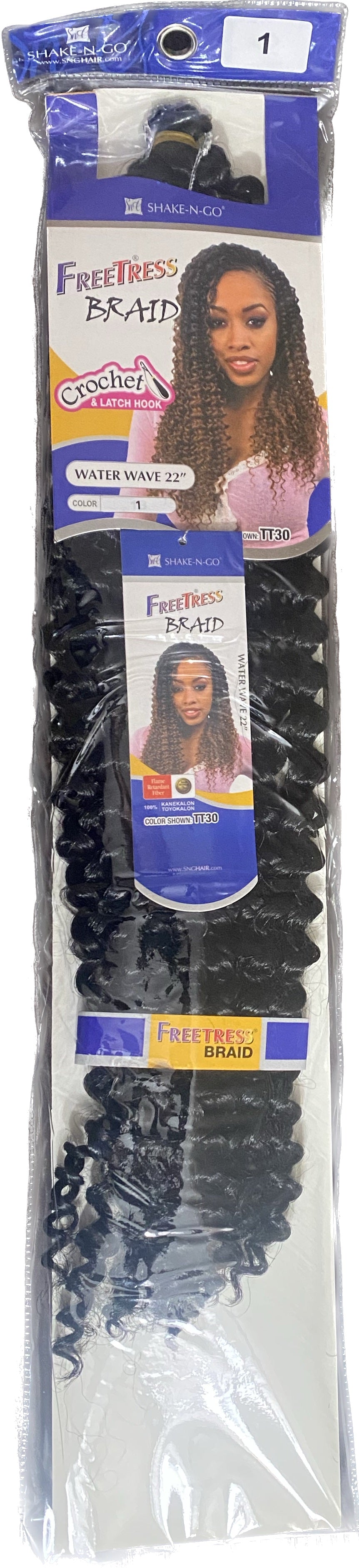 Freetress Synthetic Braiding Hair WATER WAVE BRAID 22"   Weight: 100g Style: Crochet Braiding hair Length: 22inch FREETRESS crochet hair Suitable Dying Colors: None Hair Weft: Machine Double Weft Chemical Processing: Dyed Hair Length: 22inch Hairstyle advantage: Hot style color 1