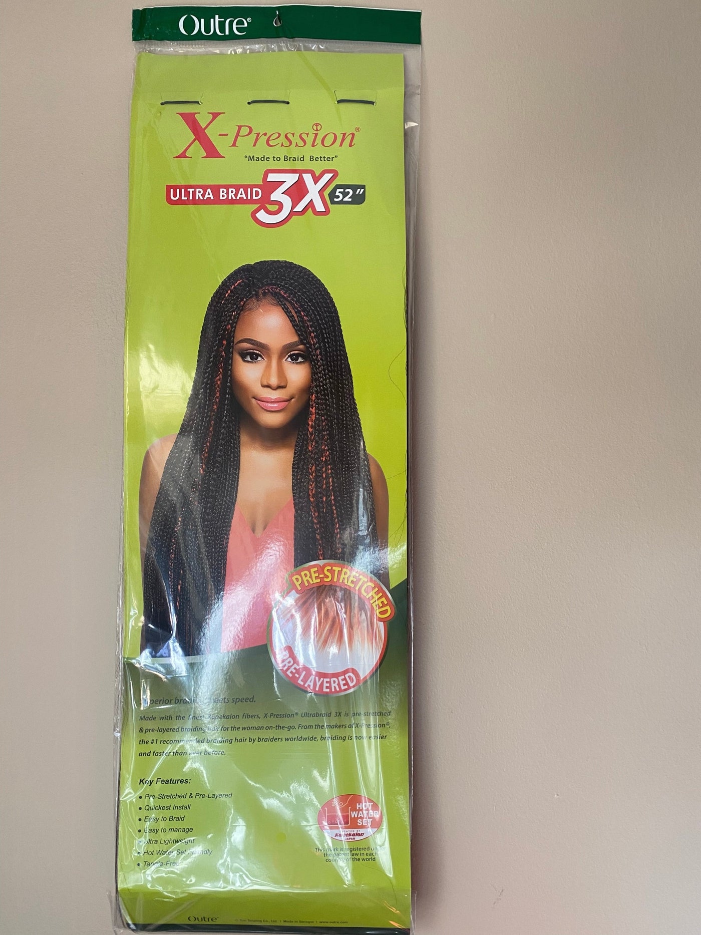 X-PRESSION PRE-STRETCHED BRAID 3X 52" Pre-stretched * 52" (FINISHED: 26") * 3 singles in one pack * Superior braiding meets speed * Made with the finest Kanekalon fibers, X-Pression Ultrabraid 3X is pre-stretched & pre-layered braiding hair for the woman on-the-go. From the makers of X-Pression, the #1 recommended braiding hair by braiders worldwide, braiding is now easier and faster than ever before. 